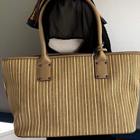 ETIENNE AIGNER NATURAL & TAN STRIPES CANVAS, GREY LEATHER SHOULDER TOTE BAG - Picture 2 of 8